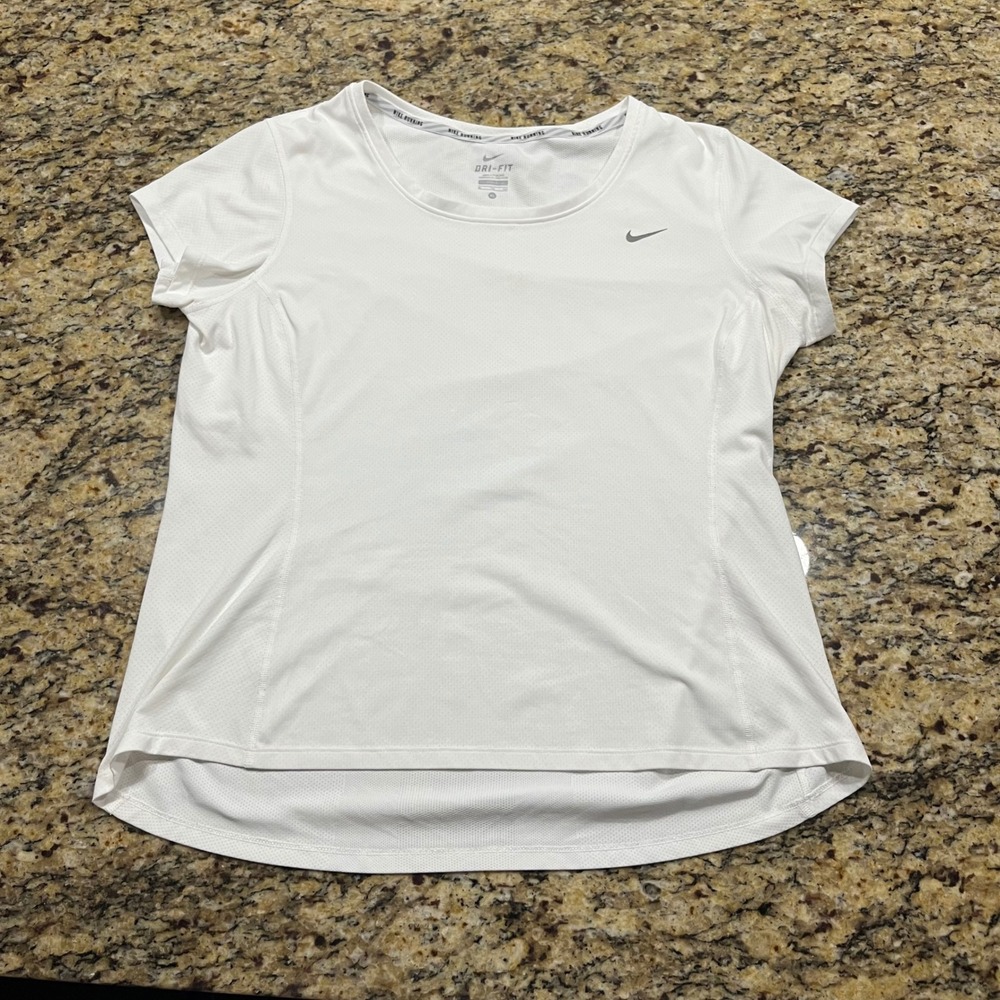 Nike‎ Running Dri-FIT White Short Sleeve Training Shirt Womens XL Mesh Knit Tee